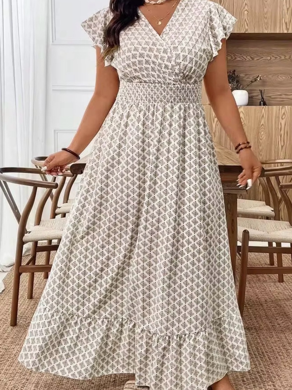 SHEIN Cream & Gray Printed Midi Dress